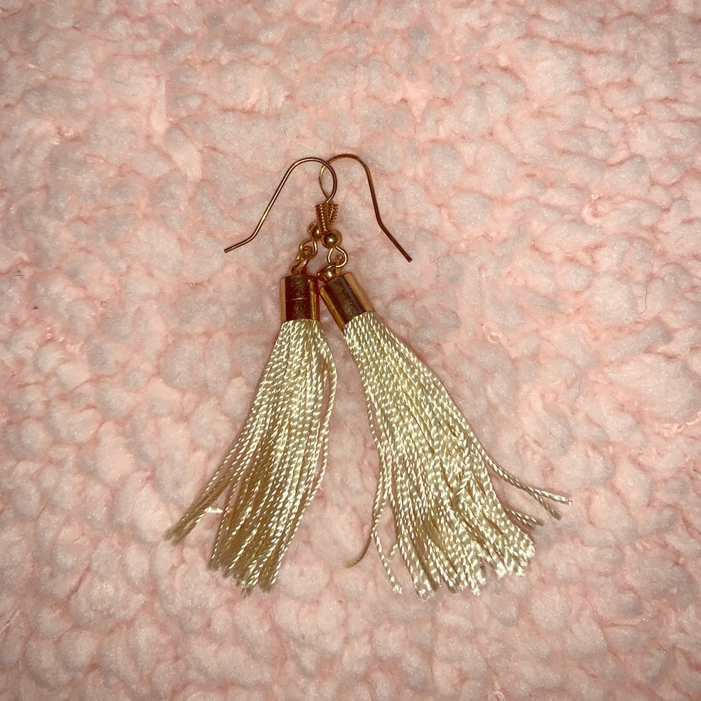 Tan silk and gold fringe earrings